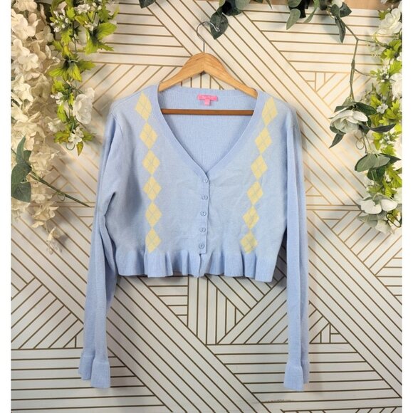 SUGAR THRILLZ Women's Blue UYellow ARGYLE Coquette Cardigan Cute Size 2X - Picture 1 of 6